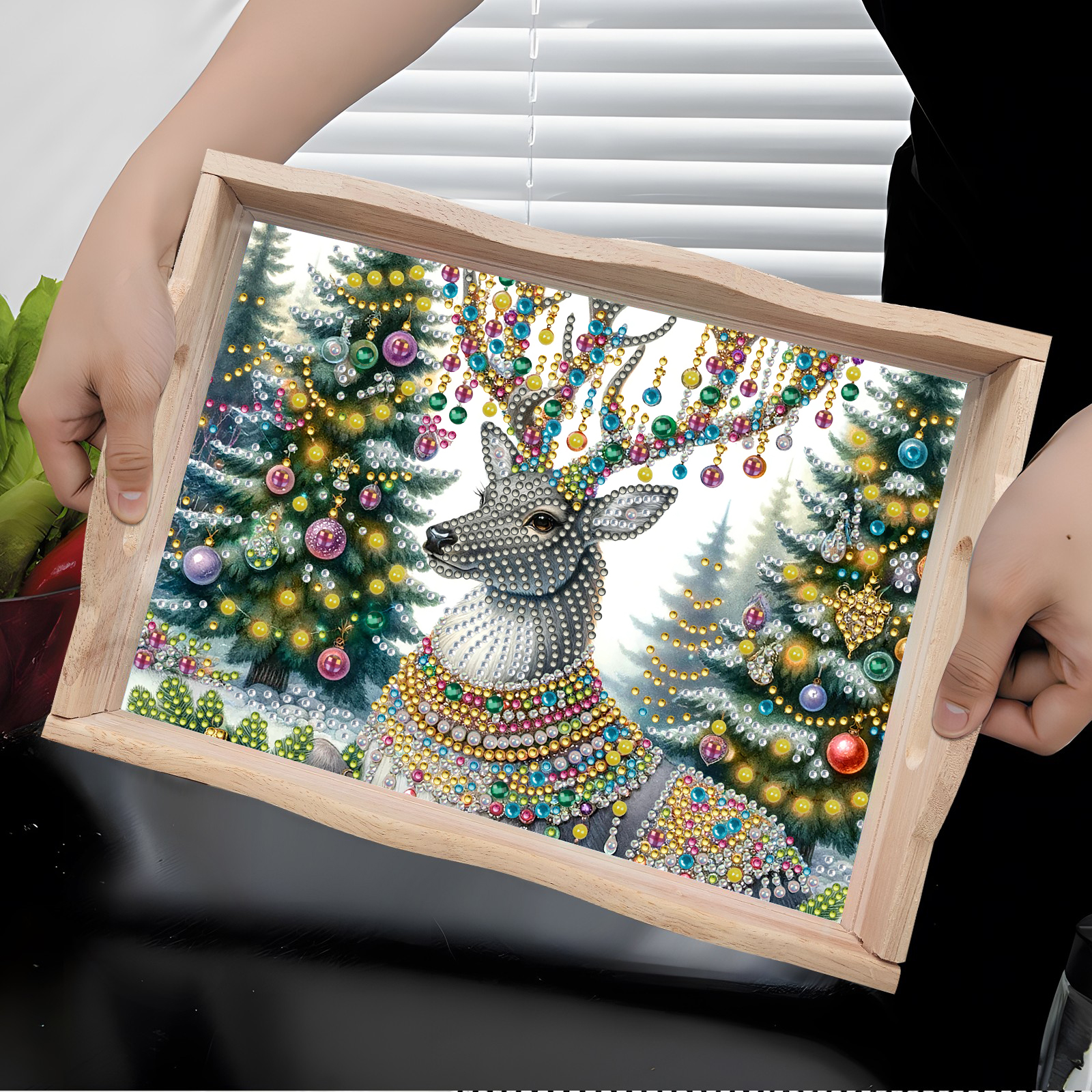 FLOPESN DIY Diamond Art Painting Handmade Wooden Tray,Creative Design Serving Dinner Plate for Coffee Living Room Home Organizer-Christmas Elk