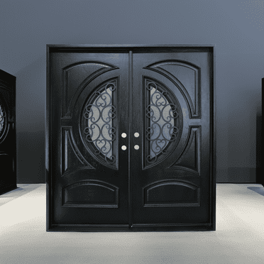 72" x 80" Environment Damage Resistant Polyurethane Composite Exterior Entry House Front Door, Openable Tempered Rain Glass Window, Right-Hand Double Door Inward Swing Espresso AR05