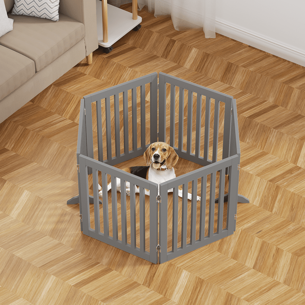 Unipaws Freestanding Pet Gate 24 inches High 6 Panels, Grey