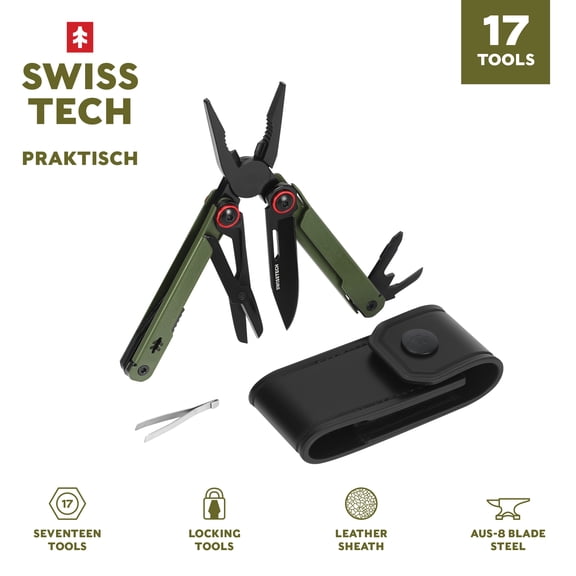 Swiss Tech 11 in 1 Mini Multitool Knife with AUS 8 Steel Blade, Pliers, Carabiner and Sheath - Olive