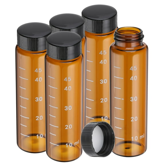 Uxcell Small Glass Sample Bottles with Lids, 5 pcs 50ml Amber Glass Vials with Black Screw Caps Mini Leak Proof Reagent Sealed Bottles with Scale for Solid Liquid Powder Storage