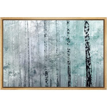wall26 Canvas Print Wall Art Grunge Style Teal Mist White Birch Tree Forest Nature Wilderness Mixed Media Modern Art Rustic Landscape Relax/Calm for Living Room, Bedroom, Office - 16"x24" N