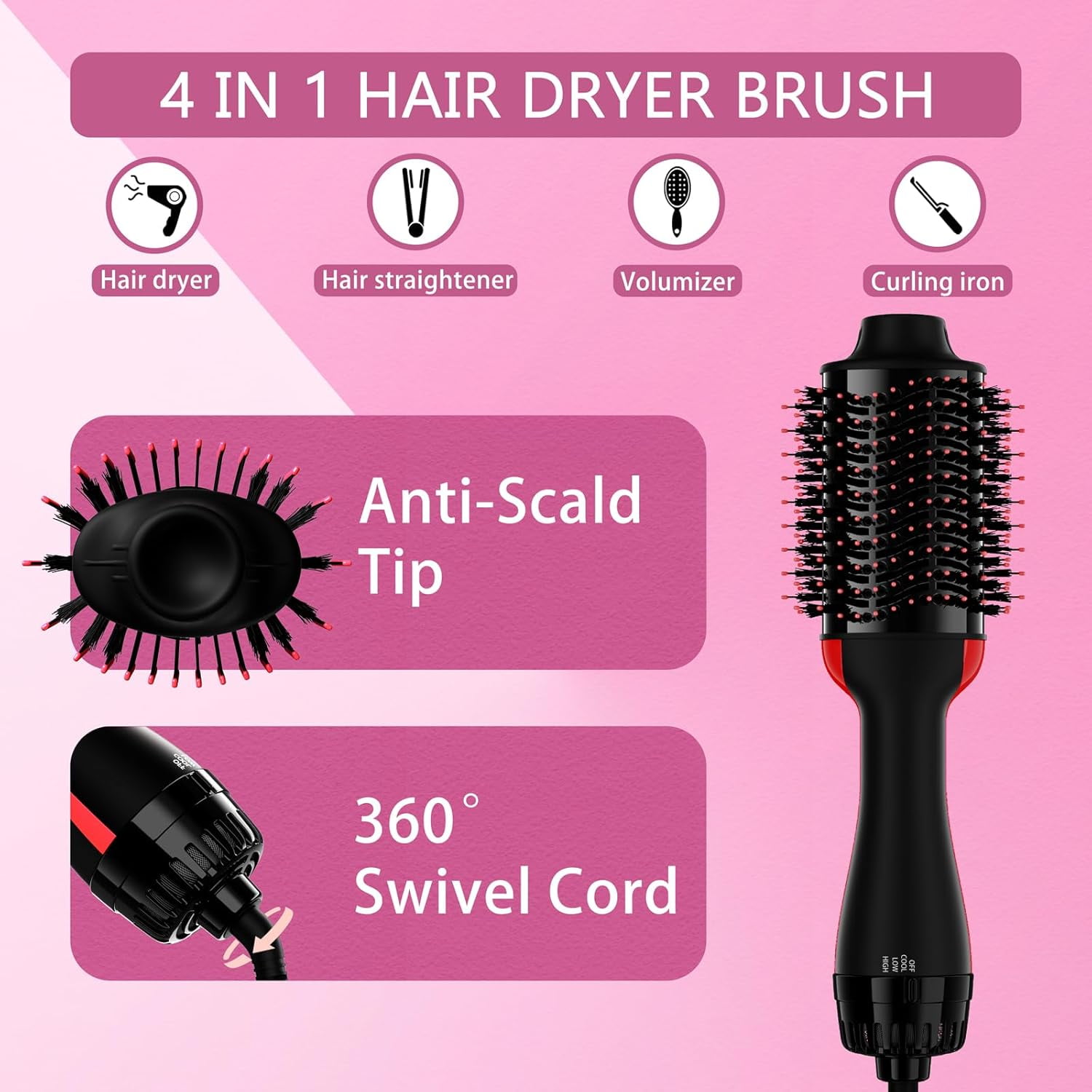 Dual Voltage Hair Dryer Brush with European Plug, Blow Dryer Brush for European Travel, 110V-120V/220V-240V Hot Air Brush and Styler Volumizer with Negative Ion Anti-frizz