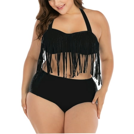 Slimming Women's Plus Size Swimsuit High Waist Halter Tassel Two Piece Swimwear Set Black Bathing