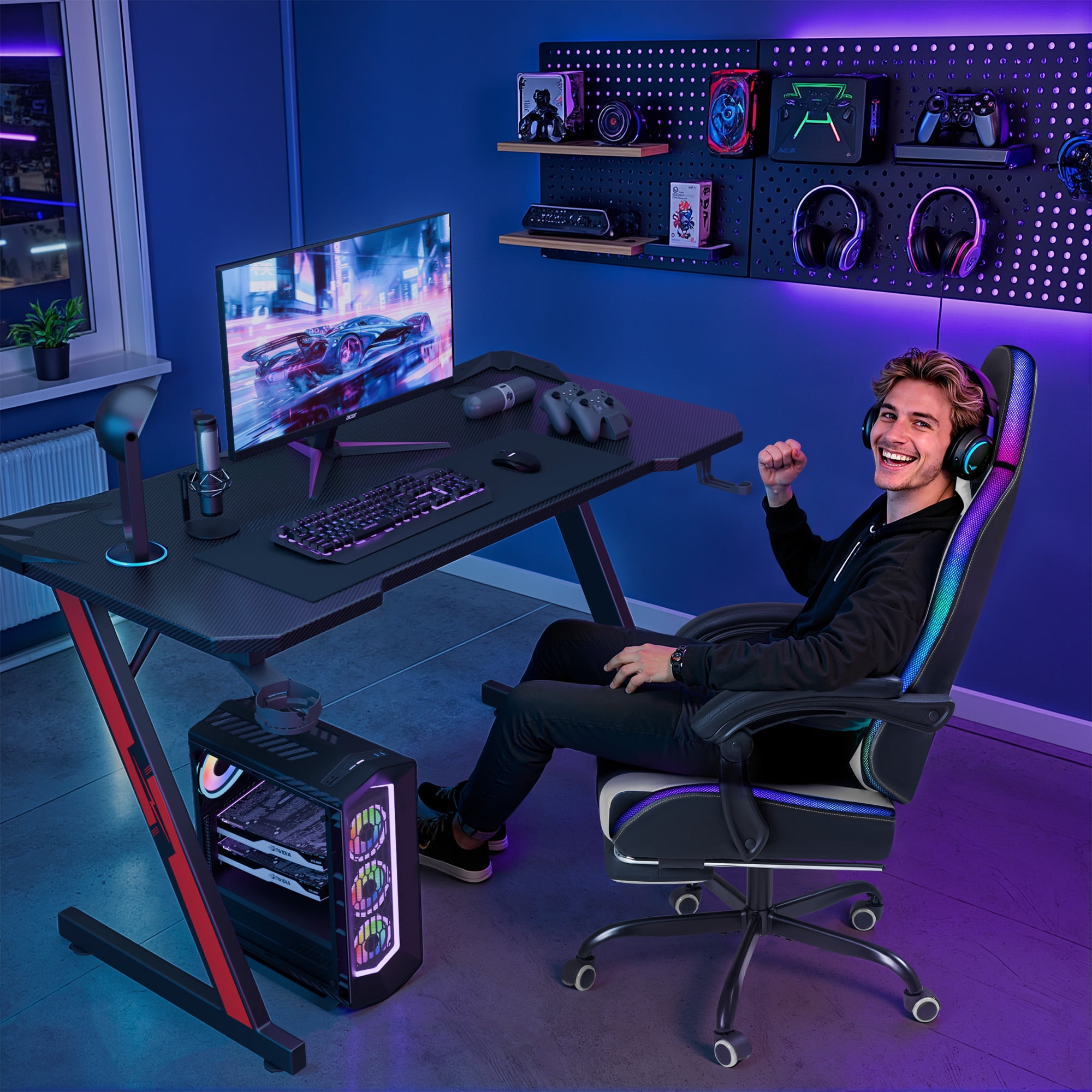 Homall RGB Gaming Chair with APP & Remote Control, LED Lights Ergonomic Computer Chair with Footrest & Massage Lumbar Support, White