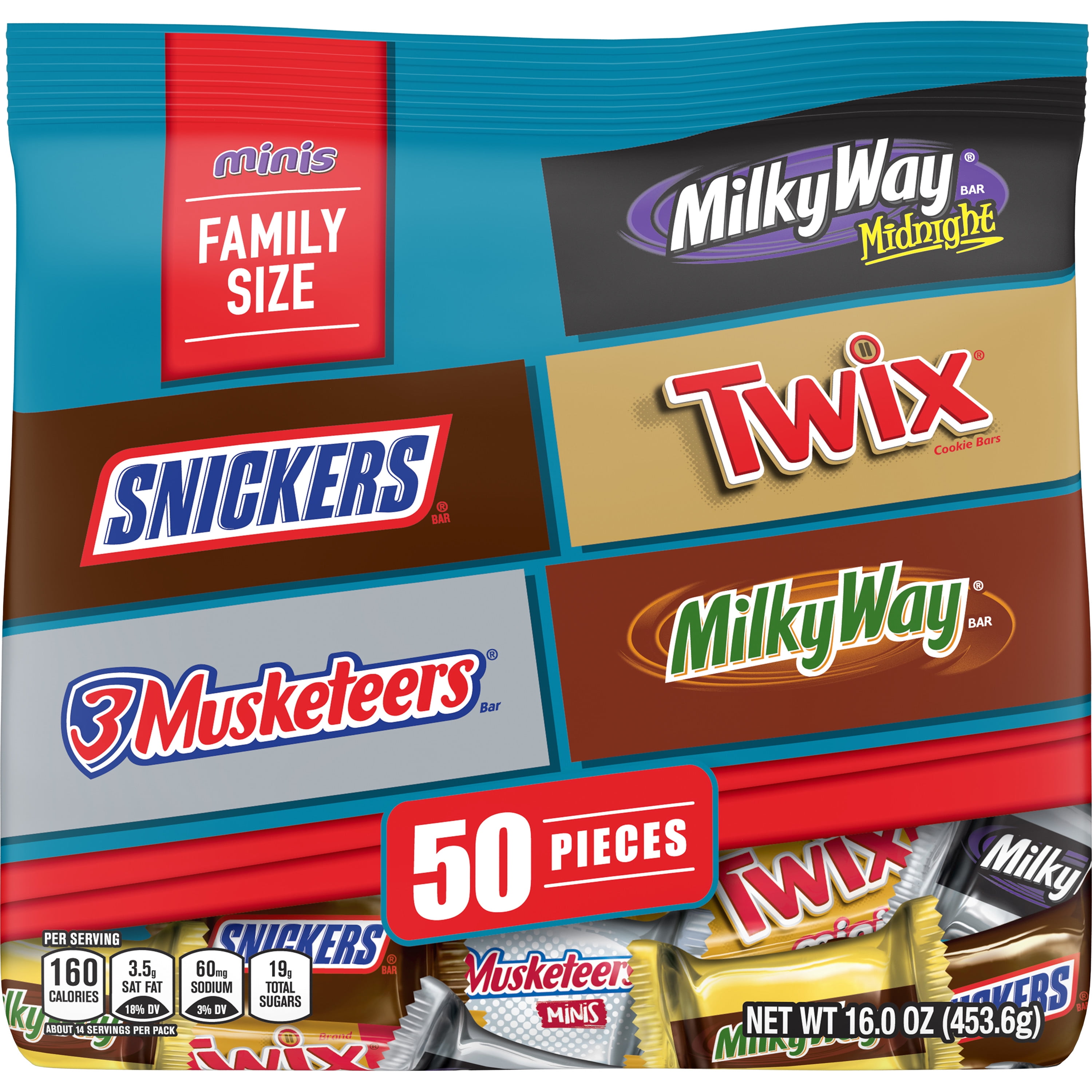 Snickers, Twix, 3 Musketeers, Milky Way & Milky Way Midnight Minis Size