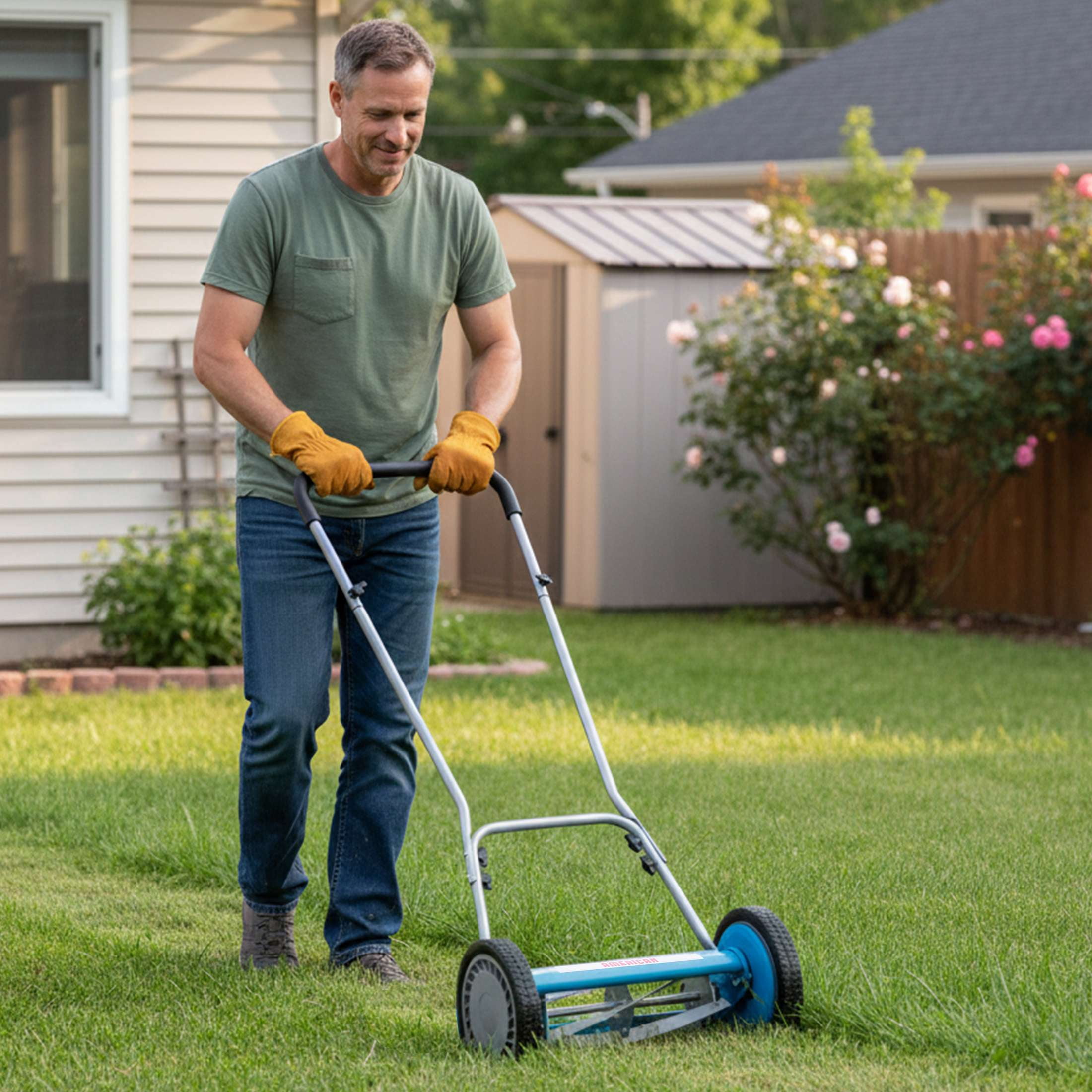 American Lawn Mower Company 2205-14 14-Inch 5-Blade Push Reel Lawn Mower, U-Handle, Blue