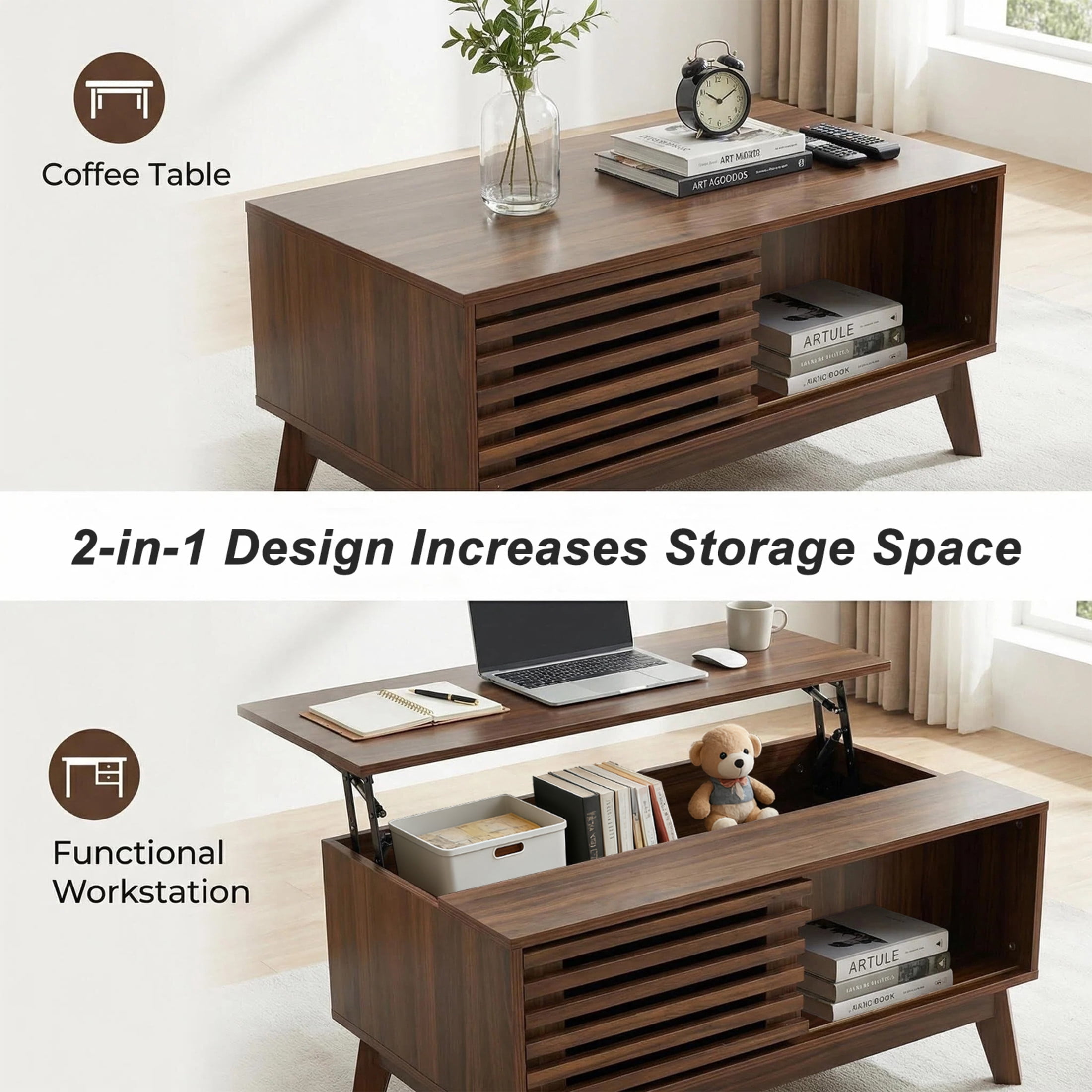 Noble House 35" Lift Top Coffee Table with Hidden Storage, Mid-Century Table with Slatted Sliding Door, Walnut