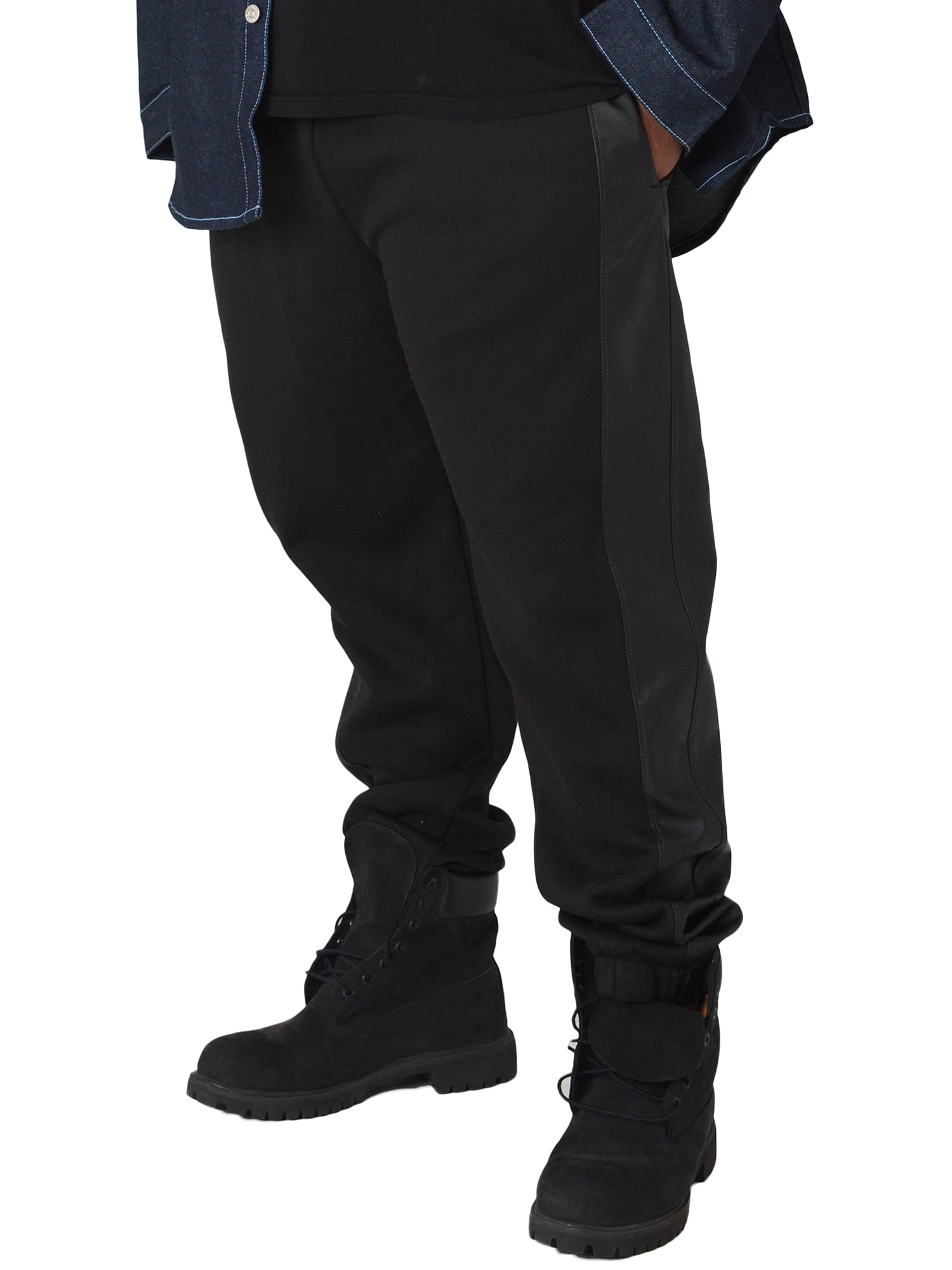Vibes Big Men Black Fleece Jogger Pants with PU Side Stripes Elastic Cuff