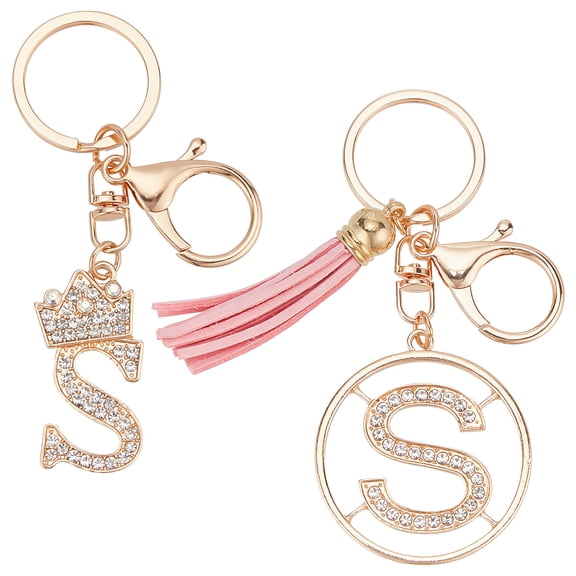 2Pcs 2 Style Flash Rhinestone Letter.S Pendant Keychain Imitation Leather Tassel Keychains Light Gold 103.5~126mm 1pc/style
