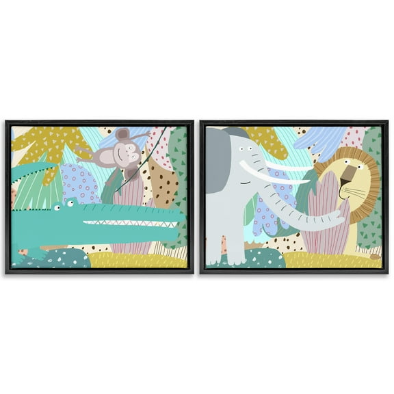 Stupell Industries Whimsical Wild Jungle Animals 2 Piece Black Framed Floater Canvas Set design by Carla Daly, 17 x 21