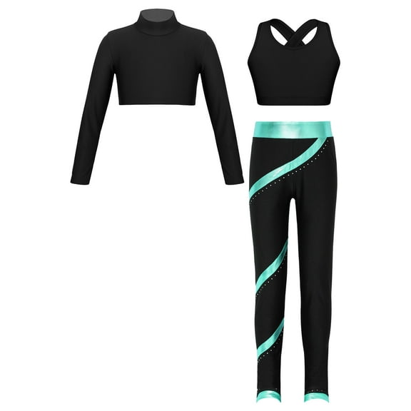 Hansber Kids Girls Tracksuits Dance Crop Top Tank Tops with Leggings 3 Pieces Activewear Sets Black&Blue Green 14