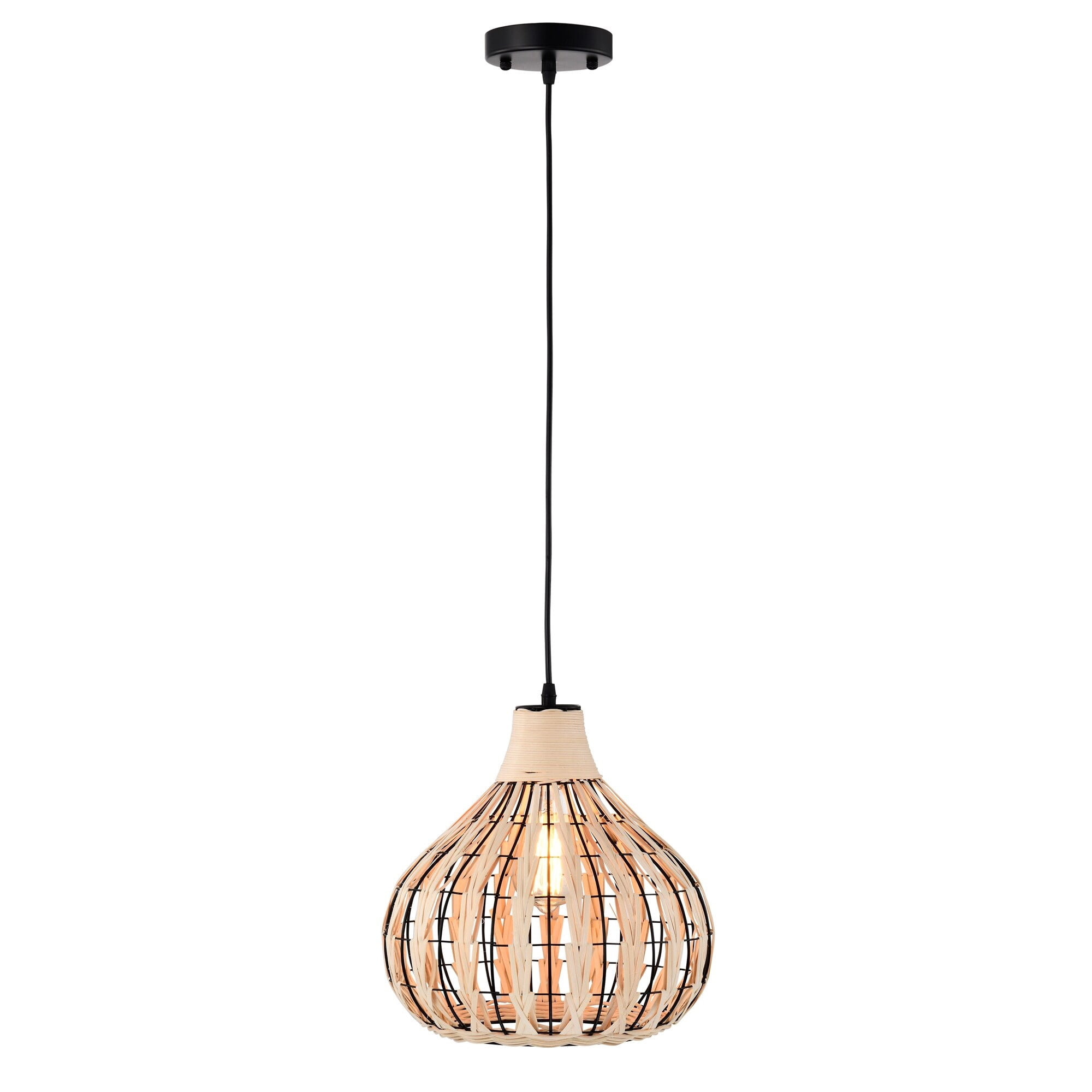Zilpah 12 in. 1-Light Indoor Matte Black and Woven Rattan Finish Pendant with Light Kit