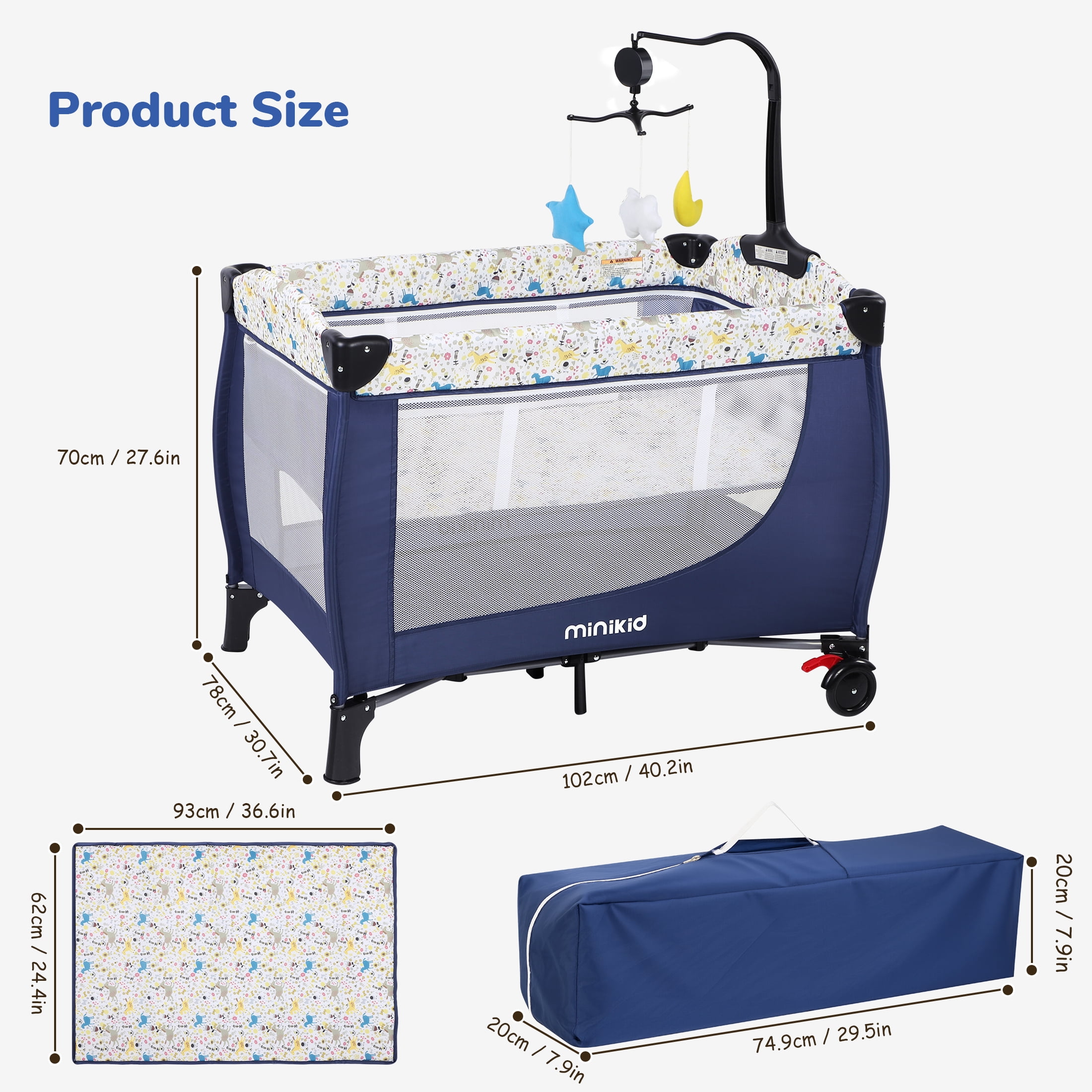 Minikid Nursery Center Playard with Bassinet Music and Toys, Baby Playpen for Newborn to Toddlers,Blue