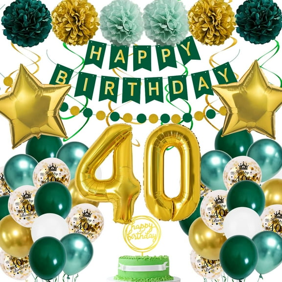 YANSION Green Gold 40th Birthday Party Decorations for Men Women, Confetti Birthday Balloons with Happy Birthday Banner, Paper Pompoms for 40 Years Old Birthday Anniversary Party Decorations