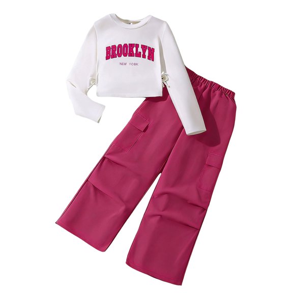 SGMVNU Girls 2 Piece Outfits Long Sleeve Crewneck Pulllover Crop Tops and Wide Leg Cargo Pants with Pockets Clothing Sets Boys Pant Sets Size 4, for 8-9 Years, Hot Pink