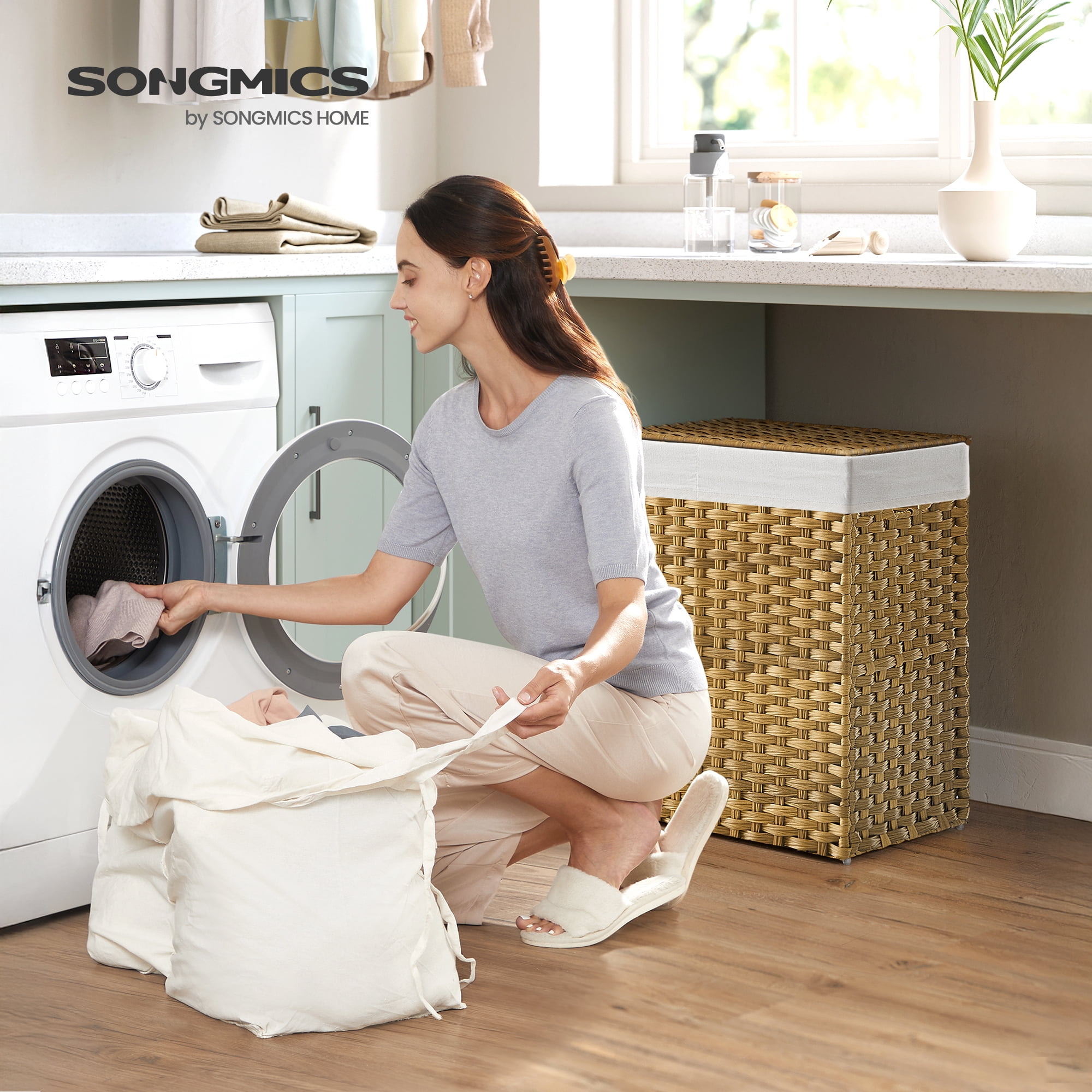 LEDREM Double-Section Laundry Hamper with Lid - 90L Capacity, 2 Removable Washable Liners, 6 Mesh Bags, Steel Frame & Wicker for Bathroom, Natural