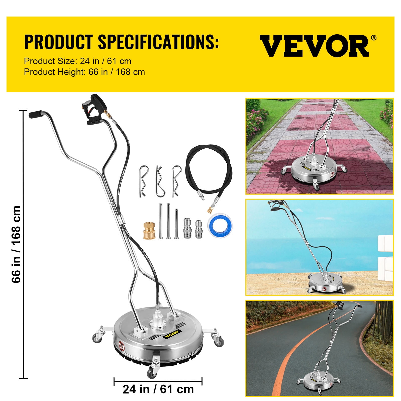 VEVOR 24 inch Surface Cleaner Pressure Flat Surface Cleaning 4000 PSI Max Working Pressure Flat Surface Cleaner Stainless Steel Rotating Surface Cleaner with 3 Nozzle Front Spray Bar