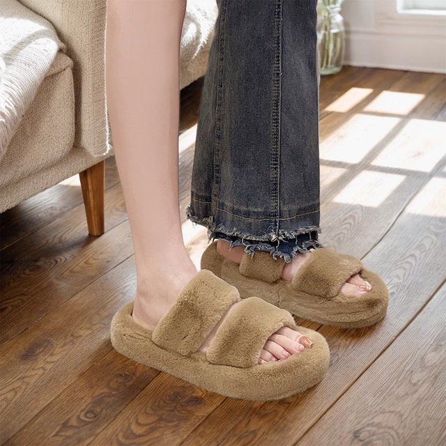 Zapatos de casa de dos bandas, pantuflas cómodas de felpa peluda para dormitorio, suaves para mujer