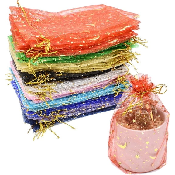 100 Pcs Moon Star Organza Gift Bag Jewelry Bags with Drawstring Candy Pouch Lavender Favor Mesh Bags Wedding Christmas Party, 5x7 Inches (10 Color)
