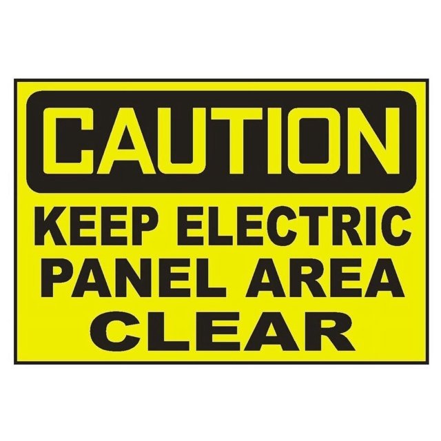 Señal de advertencia de aluminio: "Precaución: Mantenga el área del panel eléctrico despejada". Tamaño de la señal: 8 x 12 pulgadas