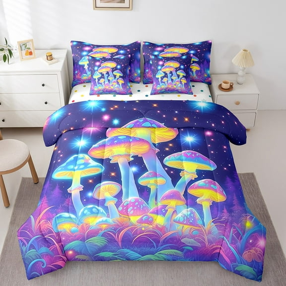 Erosebridal Dreamy Mushroom Bed in a Bag Twin size, Neon Plant Bed Set, Bling Stars Reversible Bedding Twin Size, Microfiber Room Decor, 7 Pieces