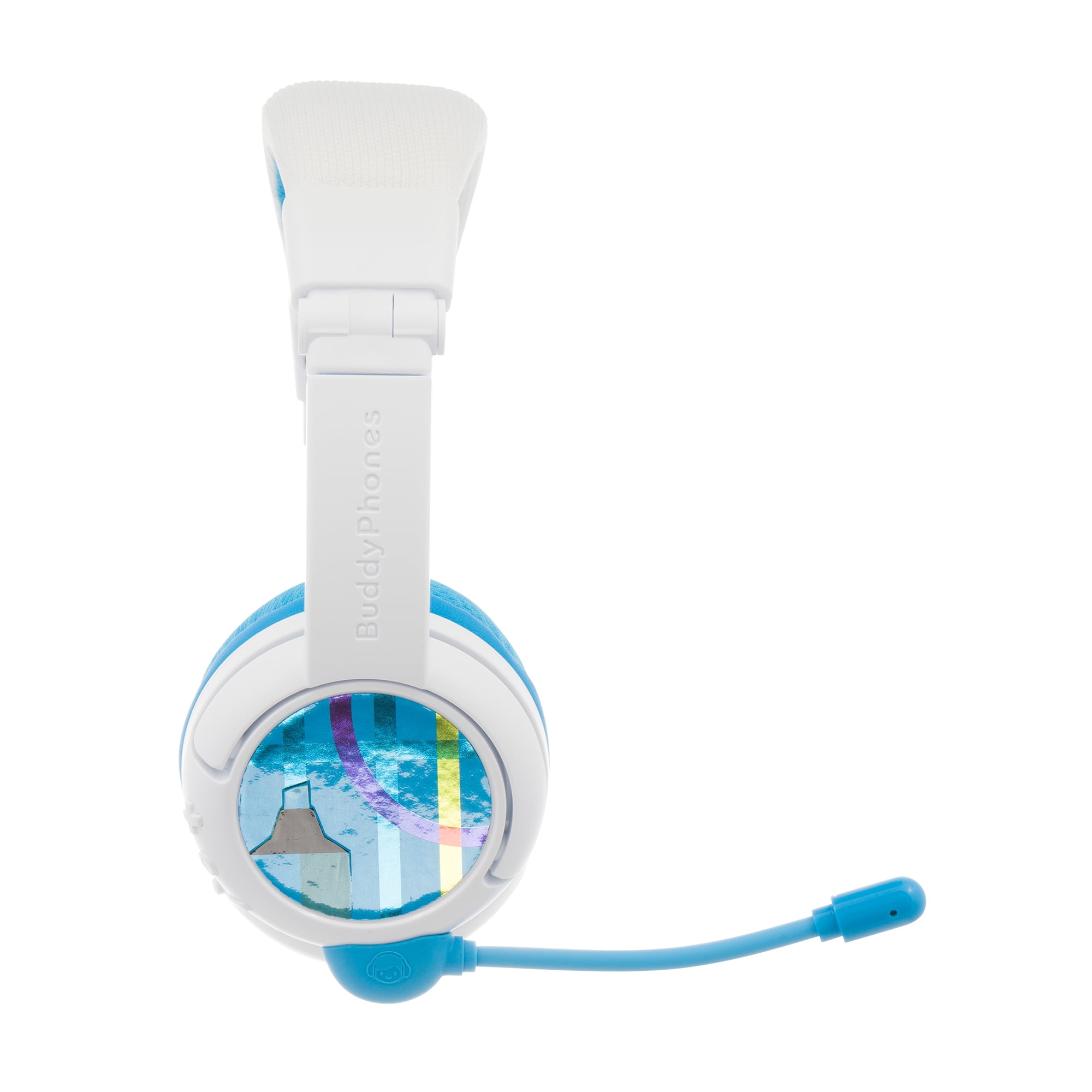 BuddyPhones School+ Wireless, On-Ear Bluetooth Foldable Kids Headphones with Detachable Boom Mic, 3 Volume Limiting Settings, Voice Enhance StudyMode, 20-Hrs Battery, Customizable Stickers, Blue