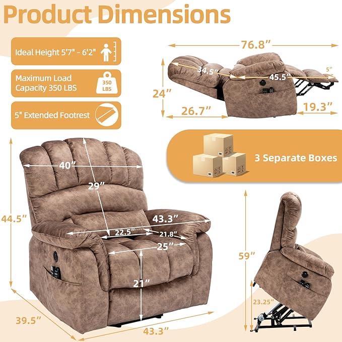 Tall Man Oversized Dual Motor Power Lift Recliner w/Heat Massage, Large Lay Flat Sleeper Electric Recliner with Extended Footrest for Elderly, Lumbar Pillow, USB & Type-C Ports, Plush-Brown