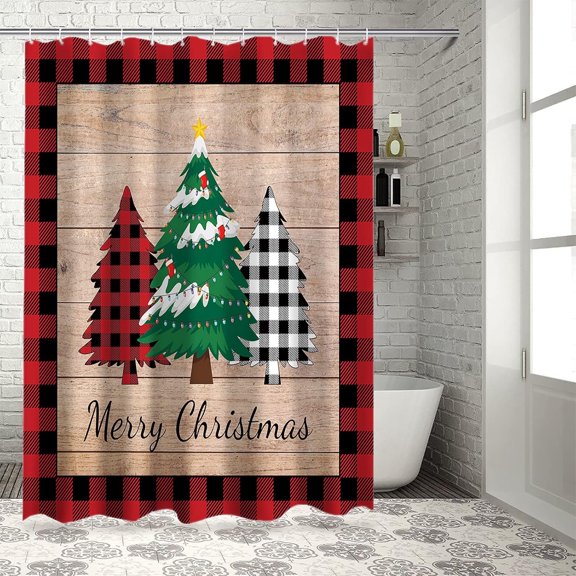 Merry Christmas Bathroom Shower Curtains, Xmas Tree, Holiday Shower Curtain Set with Hooks, Buffalo Plaid Fabric Bathroom Curtains, Black Red, Waterproof Farmhouse Bathroom Decor, 36x72inch
