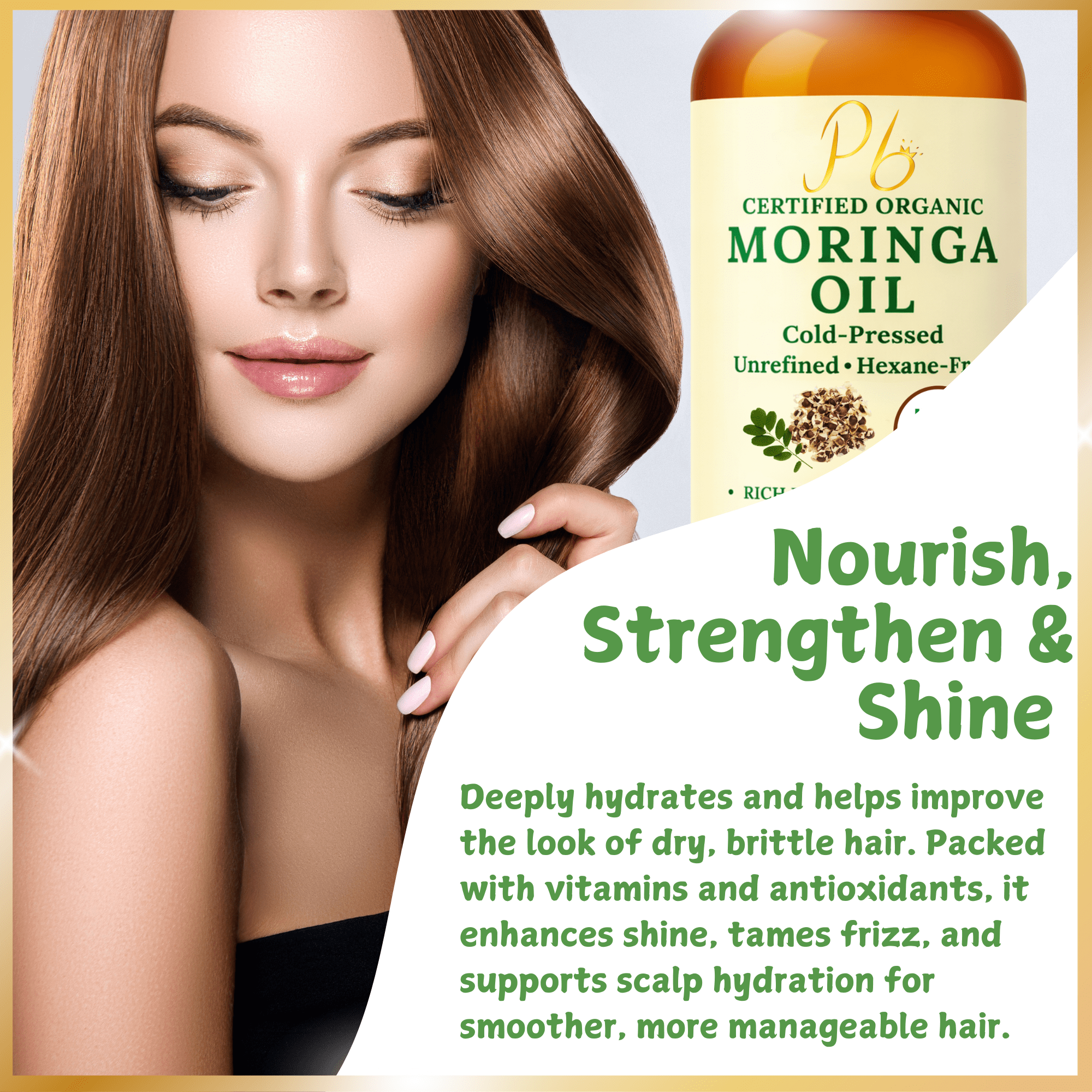 Pomberries USDA Organic Moringa Oil, 16 fl oz, Cold-Pressed & Unrefined, Hair & Skin Oil, Glass Bottle with Pump, Bottled in USA