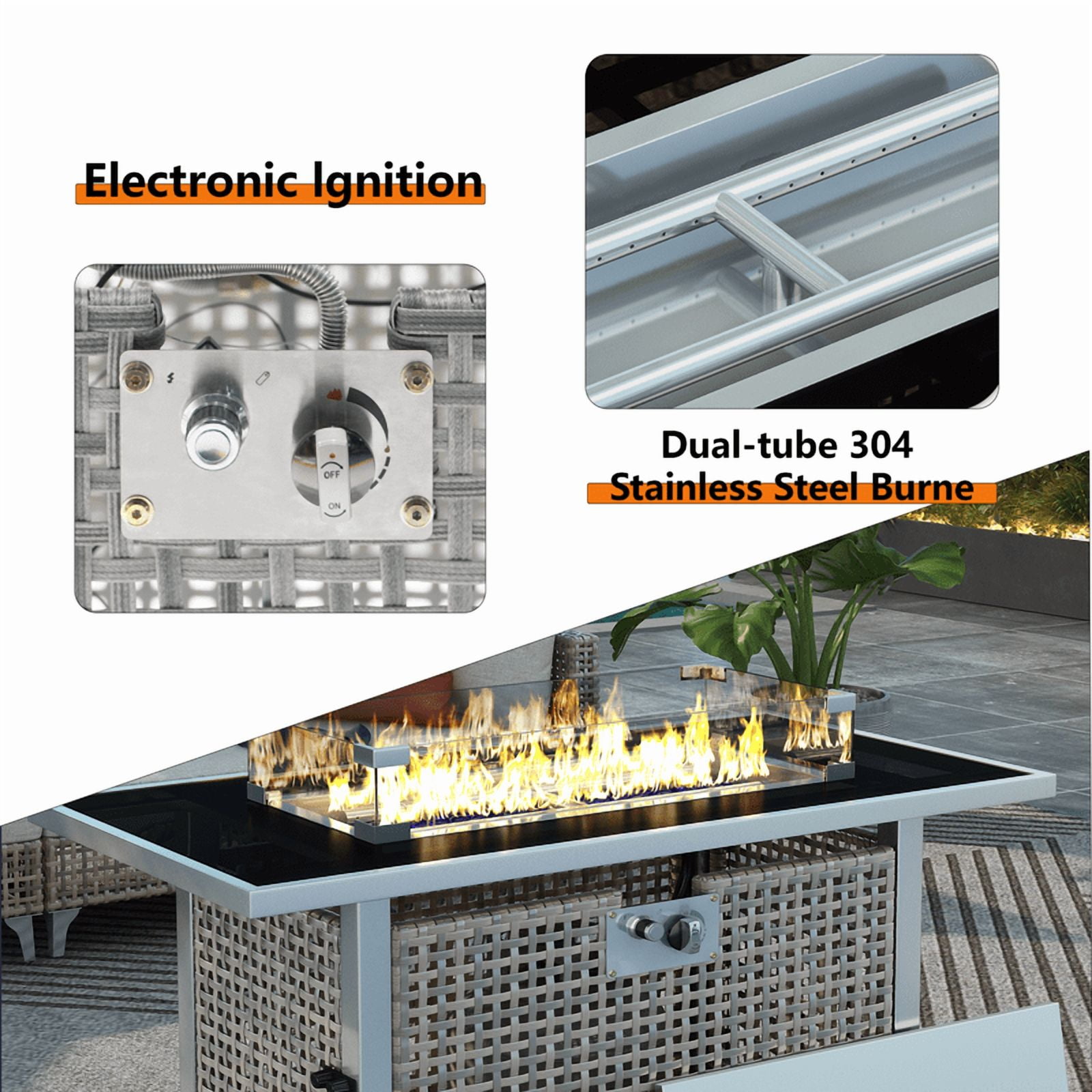 SDJPOI 43" Propane Gas Fire Pit Table, 60,000 BTU Rectangular Outdoor Fire Pit with Glass Wind Guard - Open Weave Wicker Design for Patio, Deck, Garden & Backyard