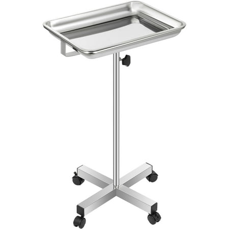 VEVORbrand Lab Cart Stainless Steel Mayo Tray Stand 18x14 inch Trolley Mayo Stand Adjustable Height 32-51 inch Instrument Tray w/Removable Tray & 4 Omnidirectional Wheels
