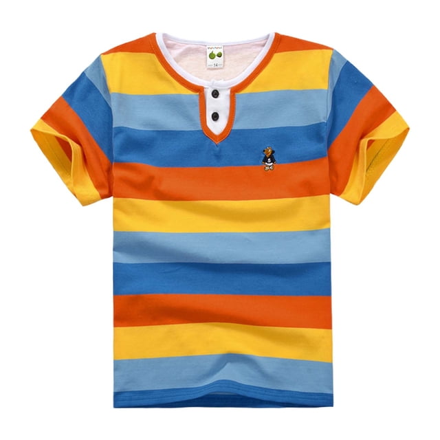 Hiiyo T-Shirt Rayé à Manches Courtes Col Rond pour Petits Garçons, Tailles 2-12