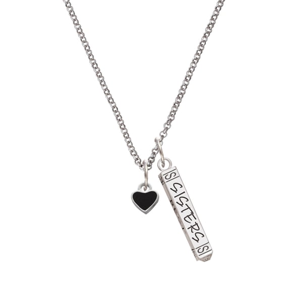 Delight Jewelry Silvertone Mini Two Sided Black Heart Silvertone Sisters Best Friends Forever Bar Charm Necklace, 23"