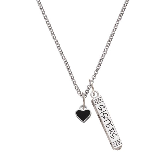 Delight Jewelry Silvertone Mini Two Sided Black Heart Silvertone Sisters Best Friends Forever Bar Charm Necklace, 23"