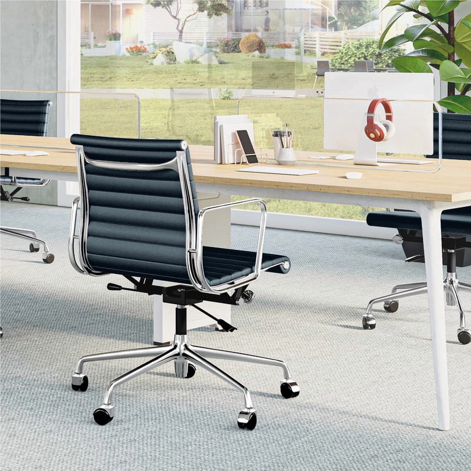 Cottinch Ribbed Office Chair Mid Back Genuine Leather Ergonomic Desk Chair with Arms, Adjustable Height Executive Conference Task Chair Swivel Chair for Home Office, White