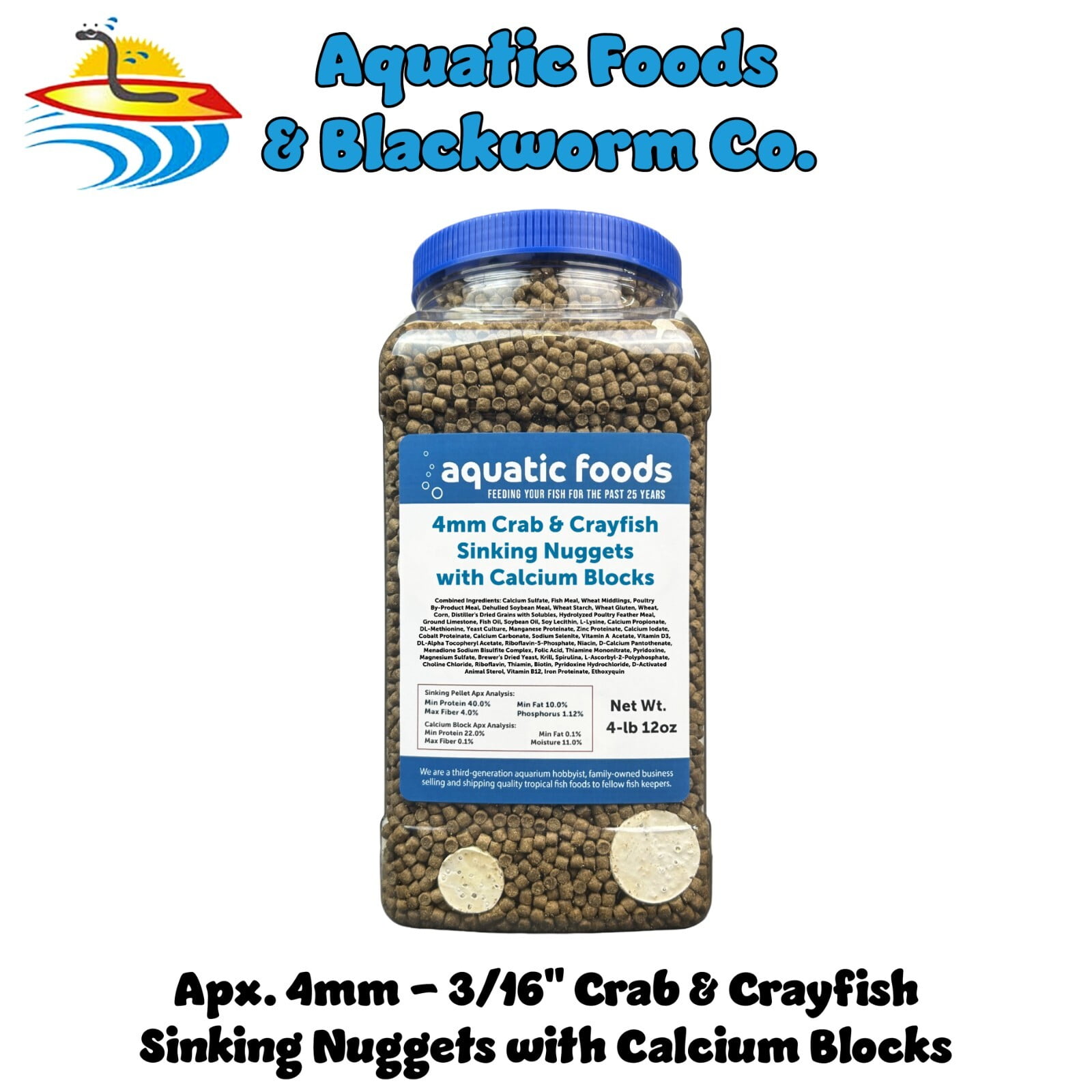 Crab & Crayfish, 4mm-3/16" Sinking 40% Protein Nuggets With Calcium Feeders for Crabs & Crayfish, Snails, Shrimp, All Tropical Fish 4-lbs 12oz Jar