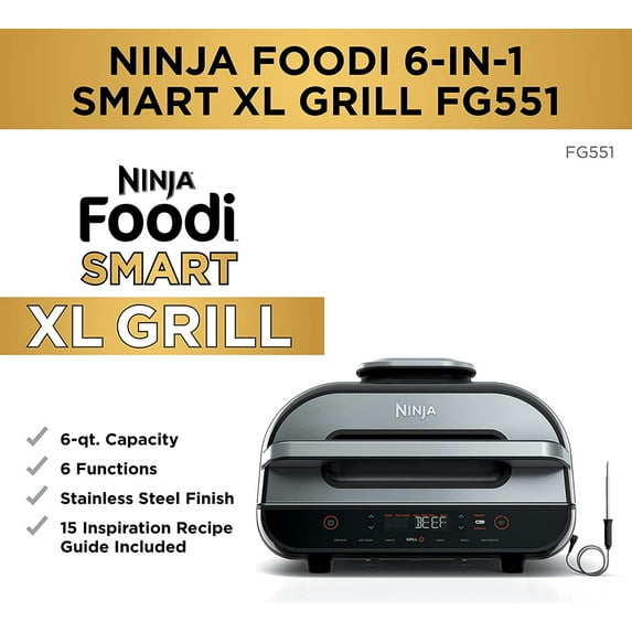 Open Box Ninja FG551 Foodi Smart XL 6-in-1 Indoor Grill with 4-Quart Air Fryer Roast Bake Dehydrate Broil and Leave-in Thermometer, with Extra Large Capacity, and a stainless steel Finish