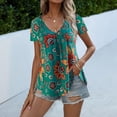 thumbnail image 2 of Mujer Cuello En V Top Estampado Floral Mangas Cortas Busto Plisado Suelto Ajuste Verano Casual Camiseta Verde S, 2 of 5
