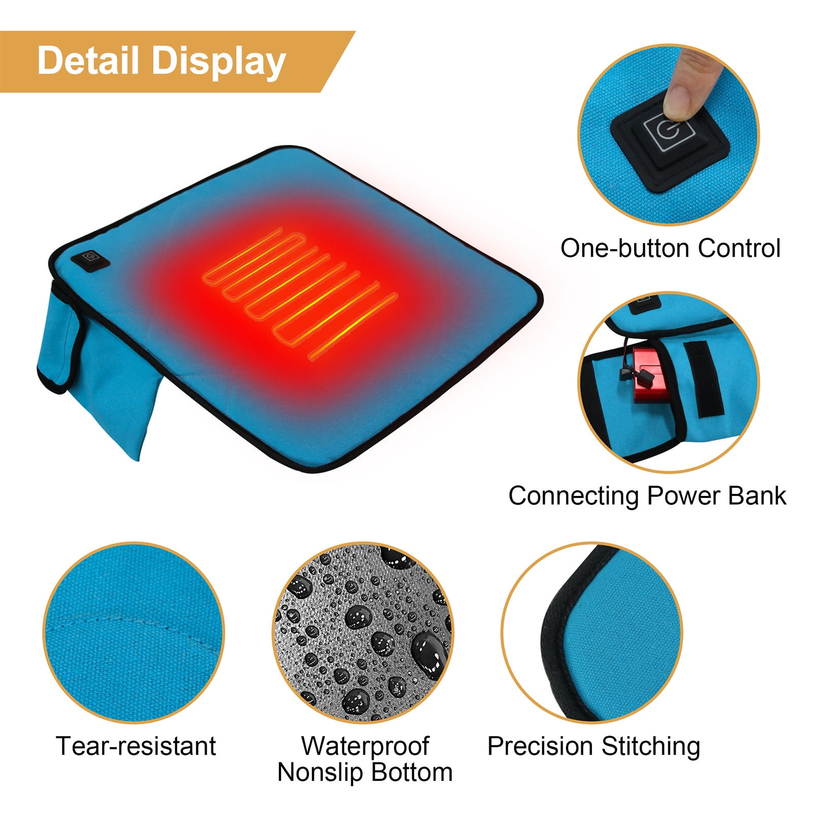 USB Heated Seat Cushion with 3 Temperature Levels, Portable Foldable Heating Pad for Car, Camping, Fishing, Hunting, Indoors, 42.5x42.5cm, Gray/Khaki/Blue/Red
