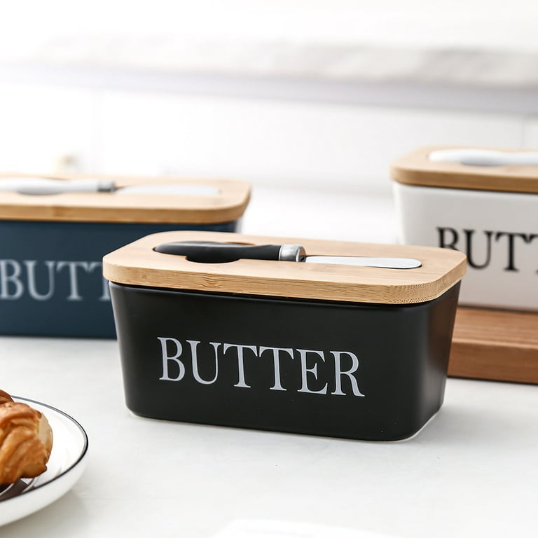 Porcelain Butter Dish with Bamboo Lid and Knife Airtight Silicone