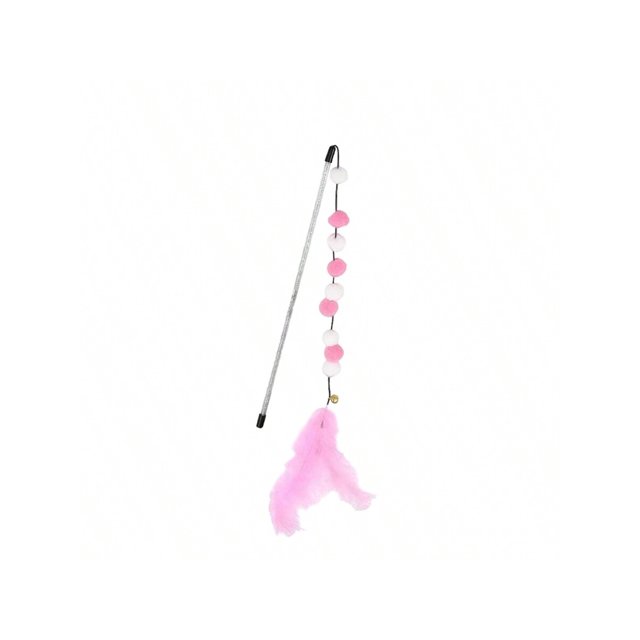 1pc Pink & White Pom Pom Feather Teaser Wand For Cat Interactive Play