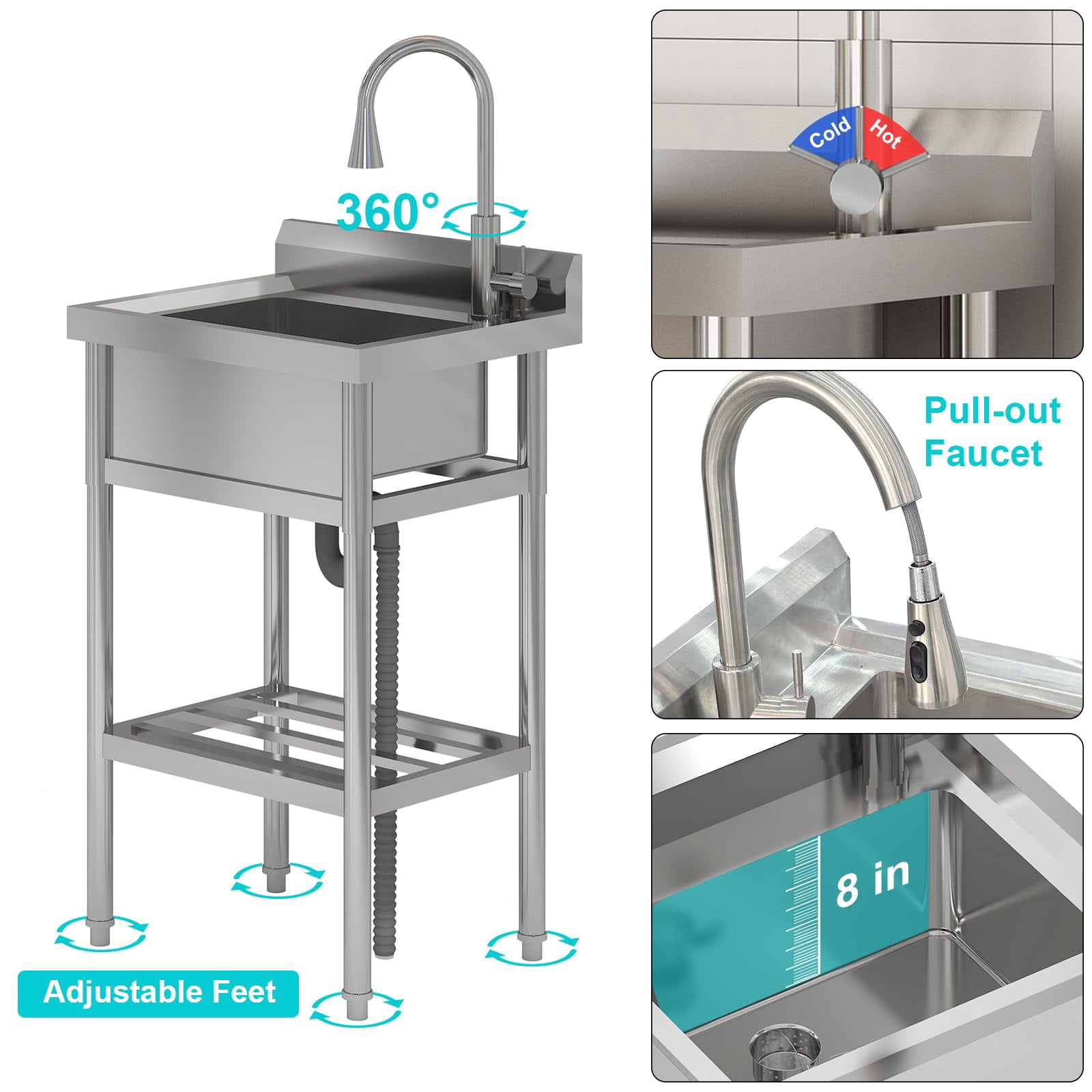 Stainless Steel Utility Sink, Free Standing Single Bowl Kitchen Sink with Cold and Hot Water Pipe and Faucet, Washing Hand Basin for Laundry Room Kitchen Restaurant Garage Garden Backyard
