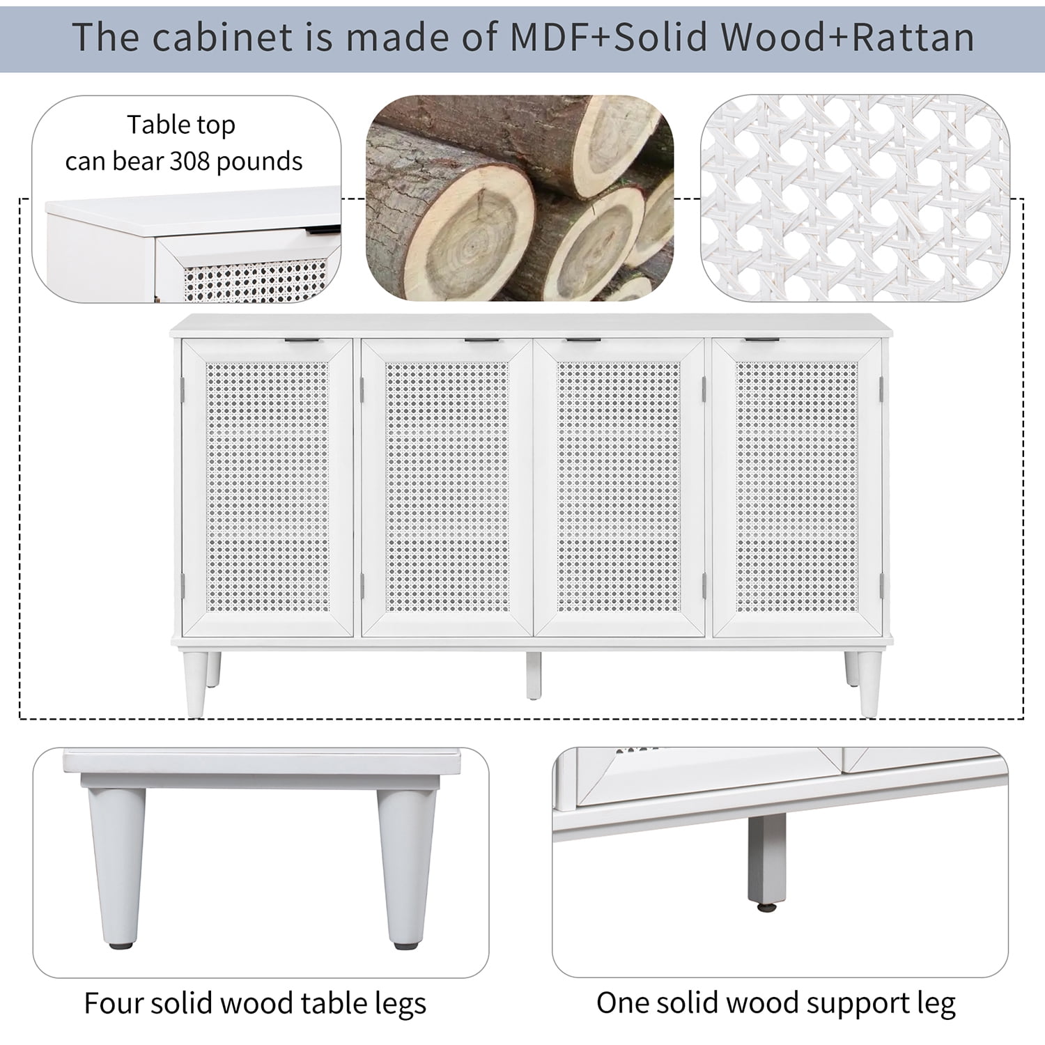 Kadyn Large Storage Space Sideboard, Floor Storage Cabinet for Living Room, Storage Sideboard Buffet Cabinet with Artificial Rattan Door, White Kadyn Large Storage Space Sideboard, Floor Storage Cabinet for Living Room, Storage Sideboard Buffet Cabinet with Artificial Rattan Door, White