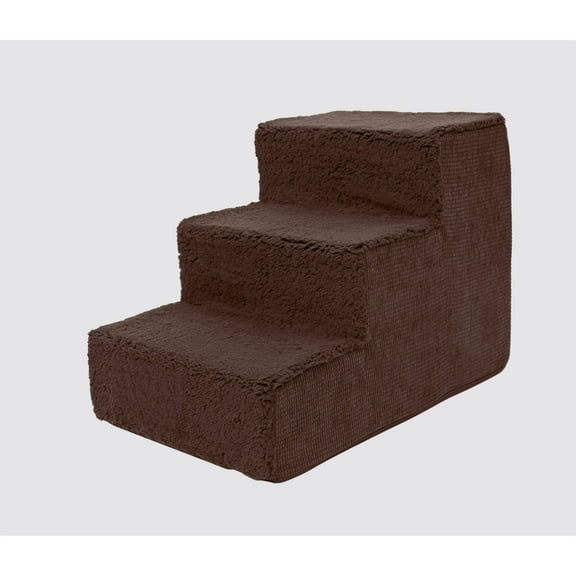 Faux Shearling High Density Foam Top Wide 3-Step Pet Stairs - Brown
