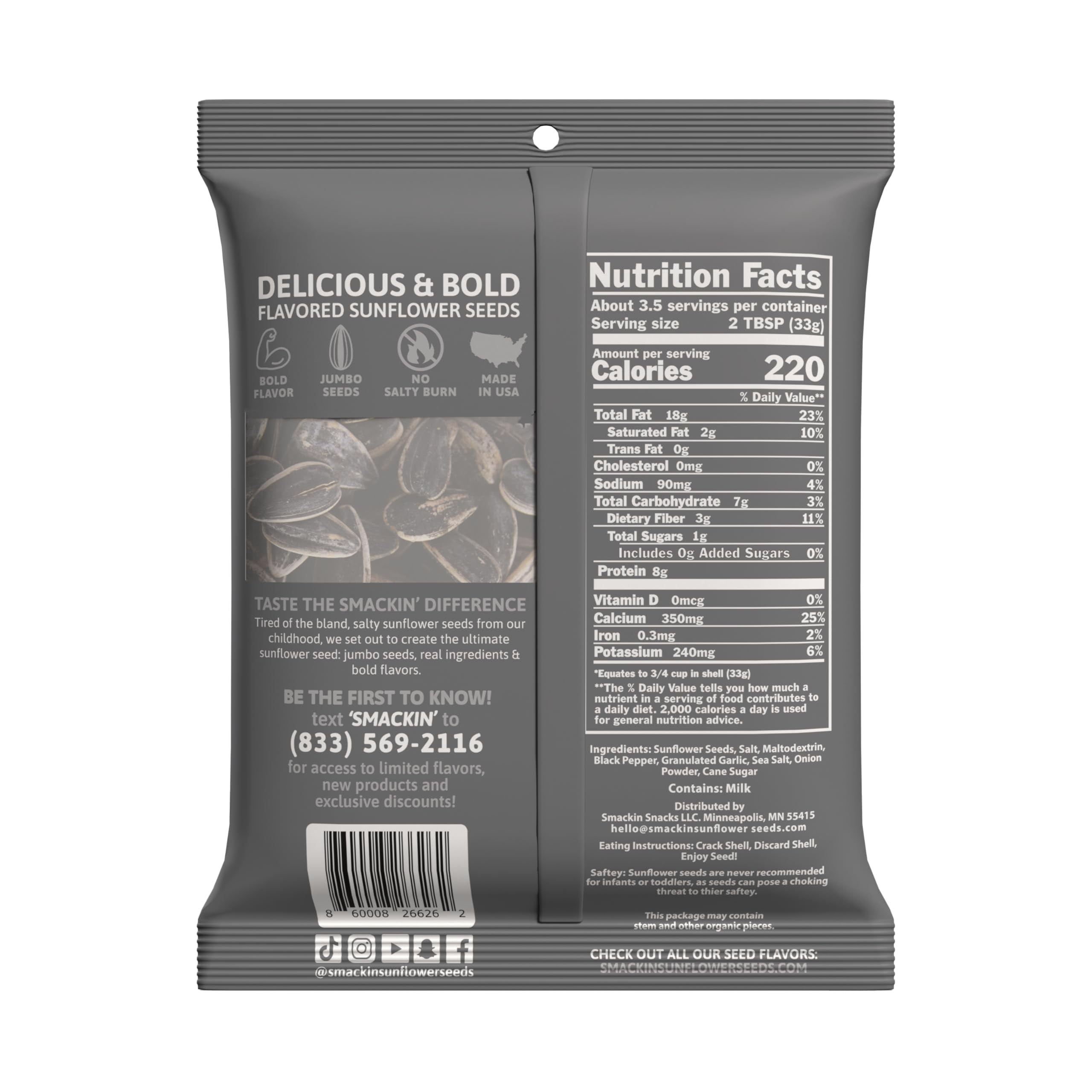 SMACKIN' - Jumbo Roasted Sunflower Seeds, No Salty Burn, American Made, Easy Pour & Seal - Cracked Pepper, 4oz bag (12 Bags)