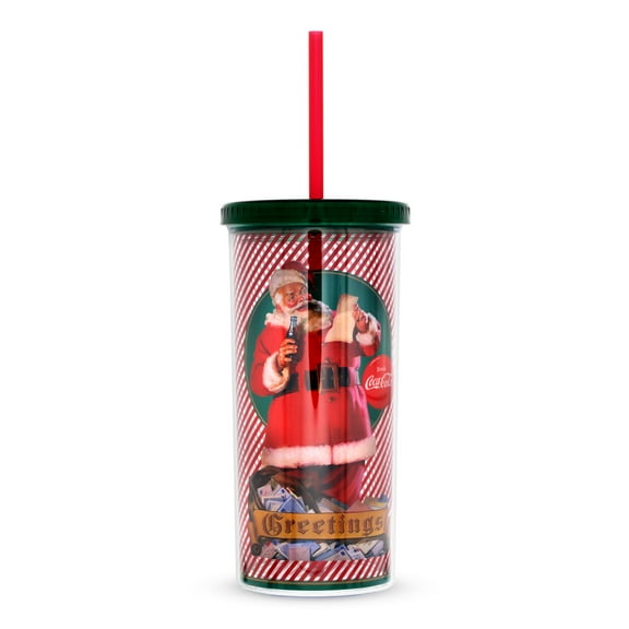 Coca Cola Santa Hoildays 20oz. Plastic Tall Cold Cup w/ Lid and Straw