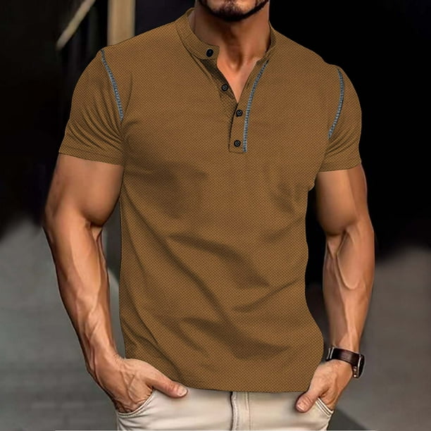 pstuiky camisetas para hombre, Camiseta de merbau con botones y cuello alto para hombre camisetas de hombre xl