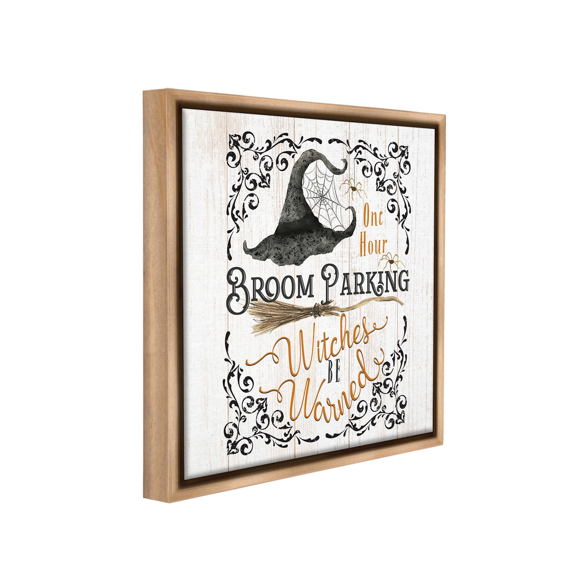 Stupell Industries Rustic Broom Parking Holiday Painting Brown Floater Framed Canvas Art Print Wall Art, 18 x 18