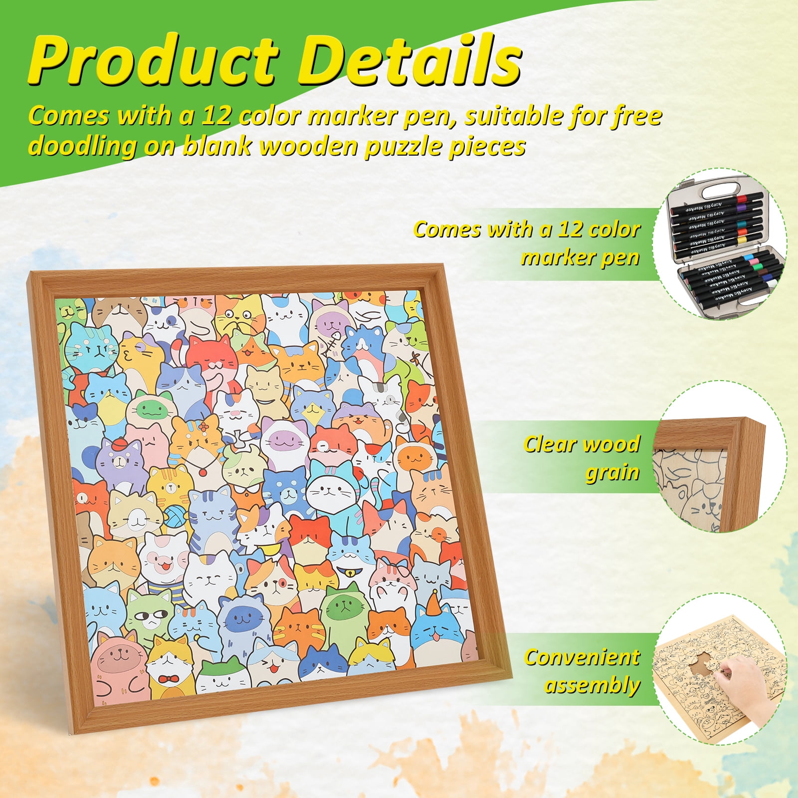 Wooden Coloring Puzzle with 12 Color Marker Glue Instruction Diagram Assembly Drawing Cat/Dog Coloring Puzzle DIY Doodling for Children and Teenager